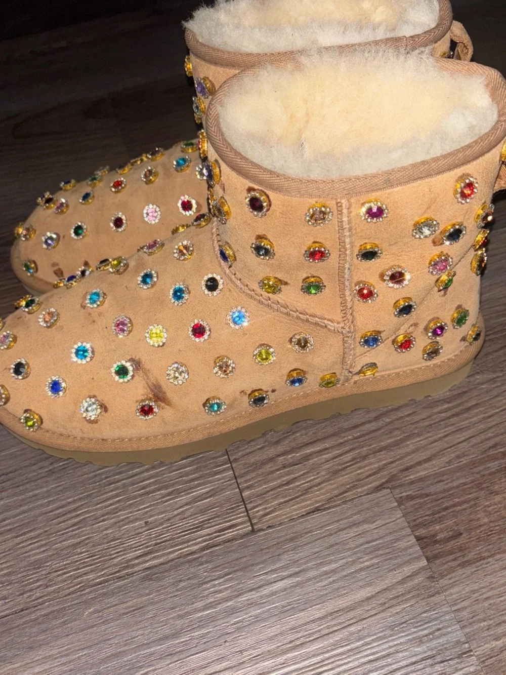 Personalized Embellished Tan Suede Uggs, Cozy Slip-On Boots with Multicolor Gems